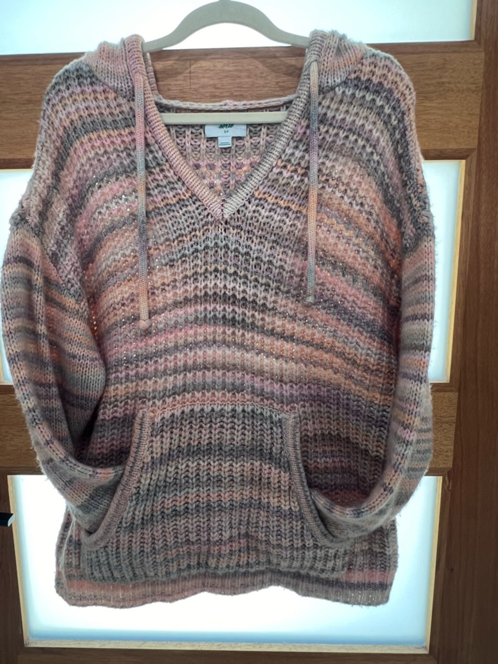 Aerie Striped Knit Pullover Hoodie Sweater Pink Gray Beige Women's S - Picture 5 of 6